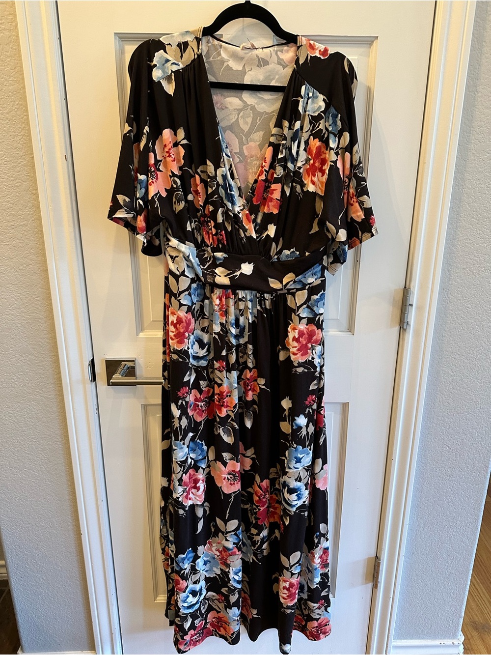 Kiyonna Black Maxi Dress with Orange, Blue, and Tan Floral Print